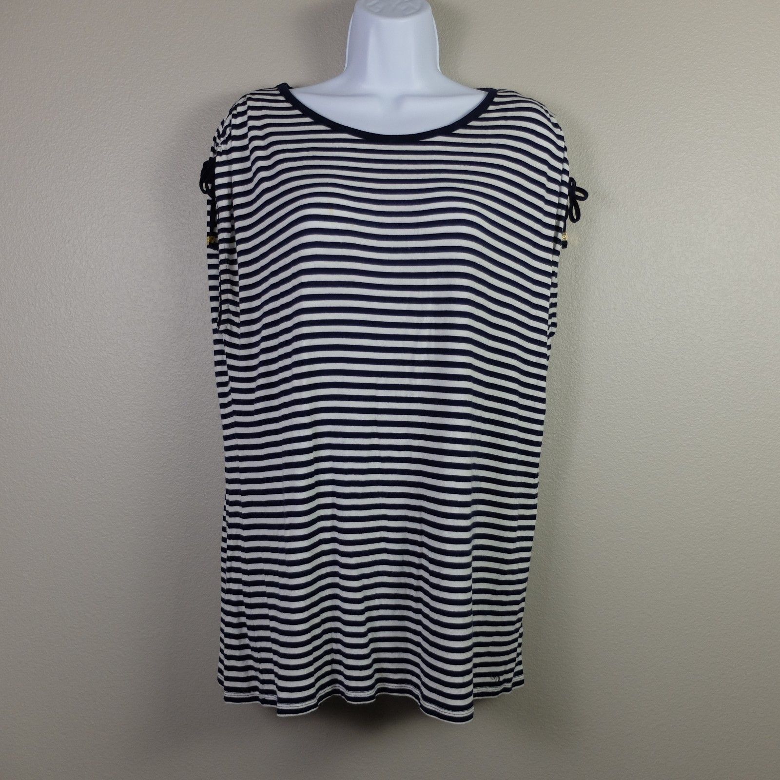 Michael Kors Black And White Striped Cold Shoulder Top Size Large